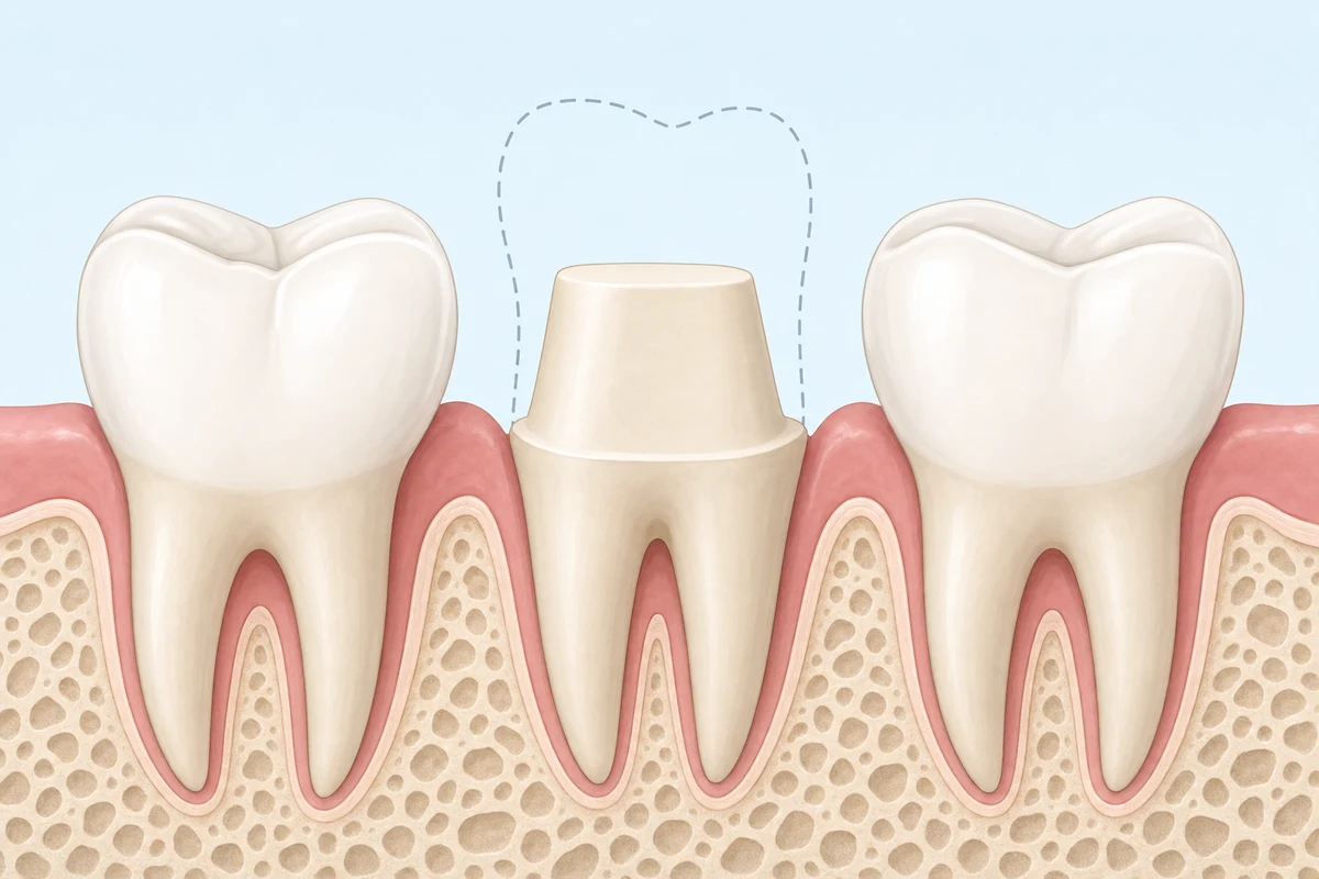 Prepared molar tooth after enamel reduction, showing tapered crown preparation shape