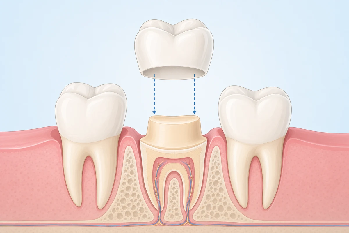 Acrylic temporary crown being seated onto a prepared tooth