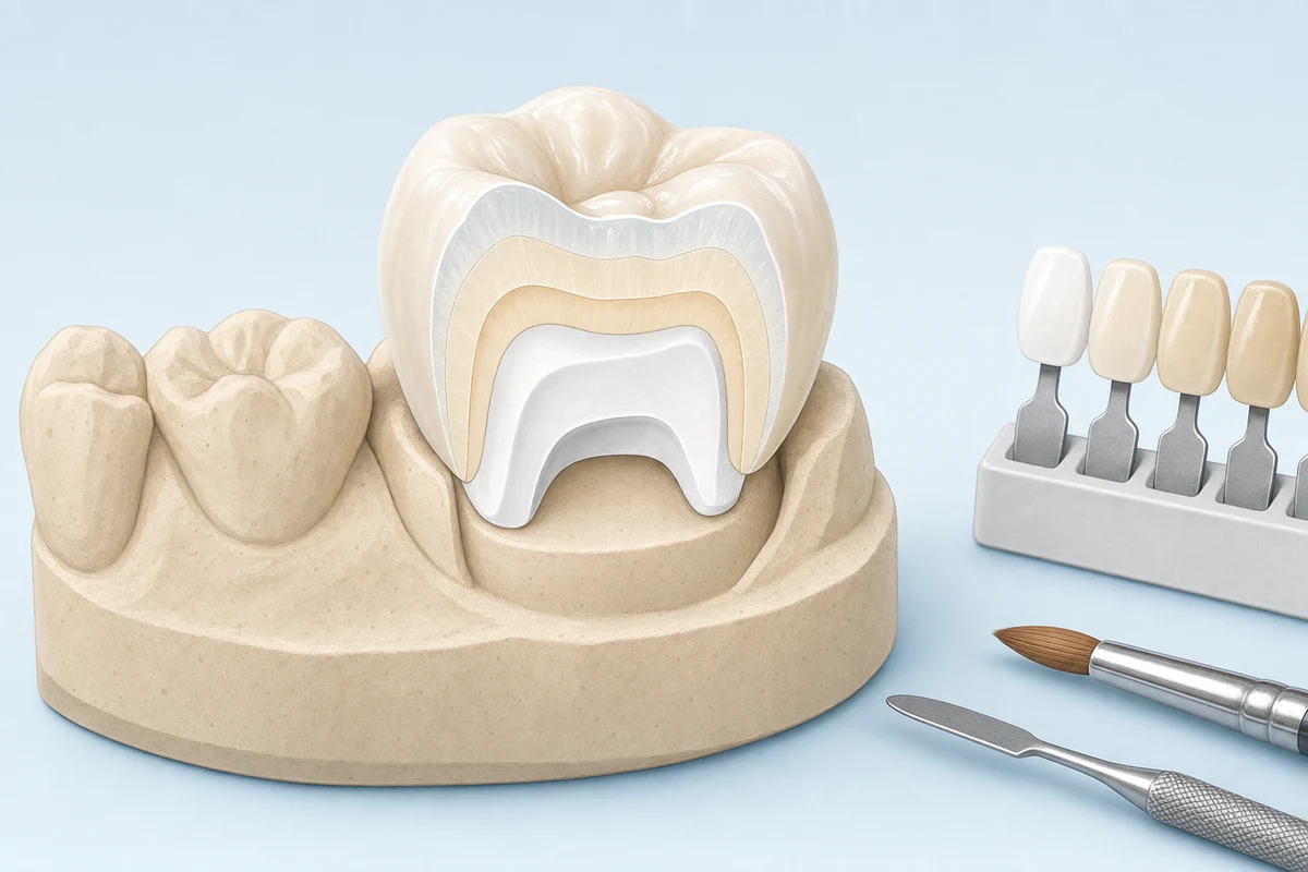 Ceramic dental crown being built up in layers on a plaster model in a dental laboratory