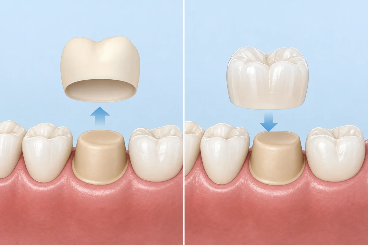 Permanent ceramic crown being trialled on a prepared tooth next to the removed temporary crown