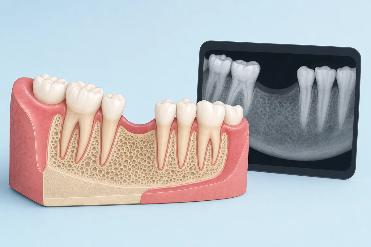 Dental examination showing gum and tooth assessment with radiograph