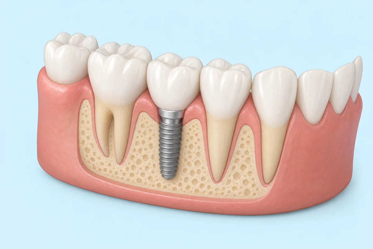 Final porcelain crown secured onto implant abutment, completing the tooth restoration