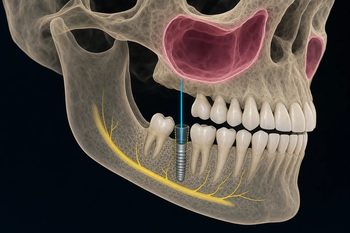3D cone beam CT scan of a jaw showing bone depth and nerve pathways