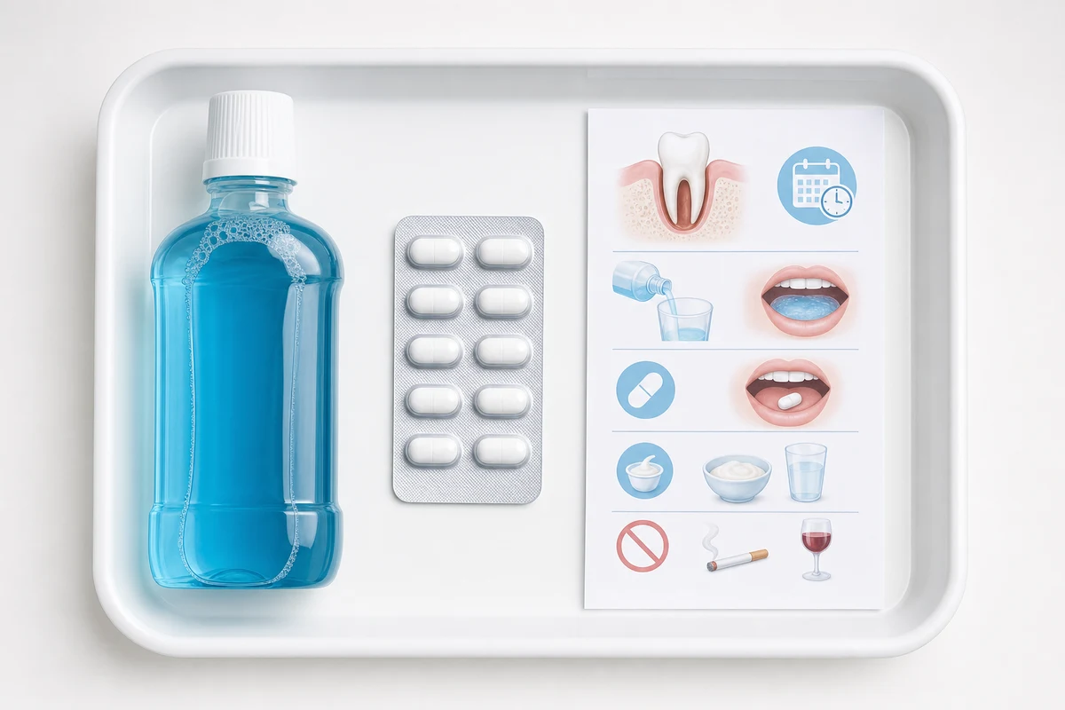 Antibacterial mouth rinse and presurgery preparation items on a dental tray