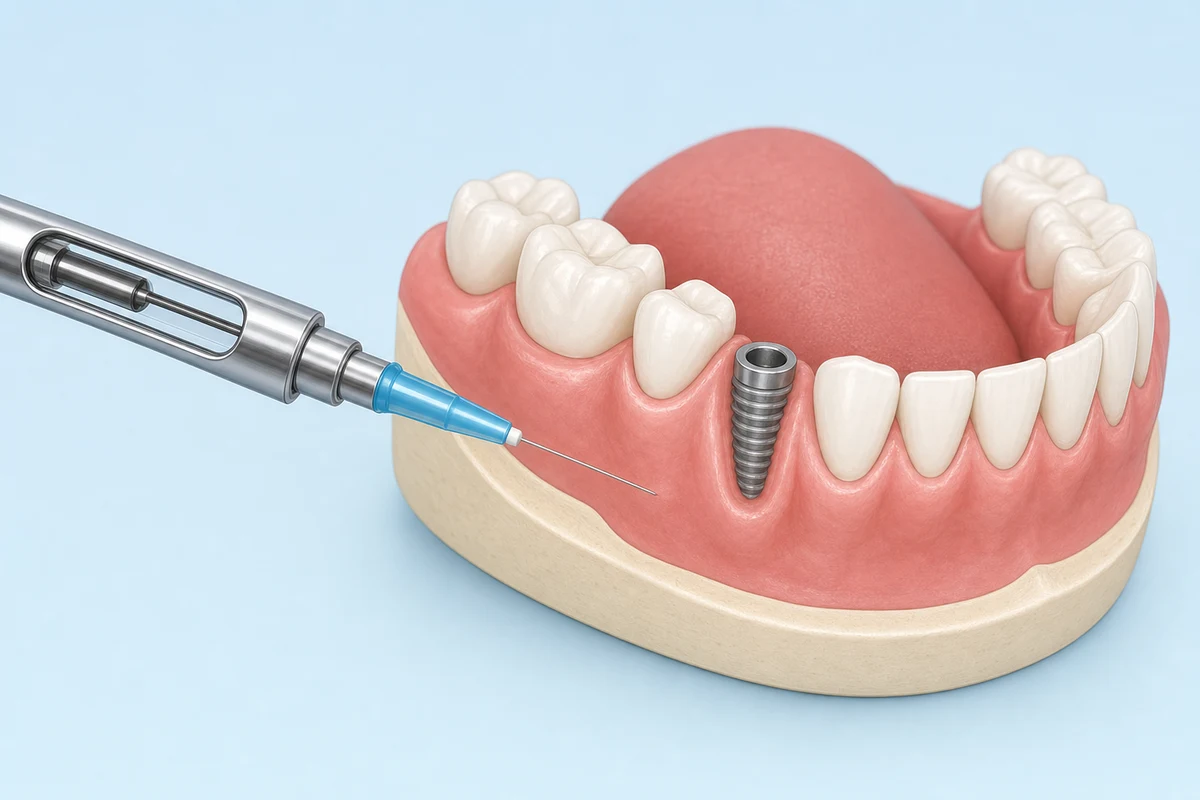 Dental anaesthetic syringe positioned near a lower jaw model