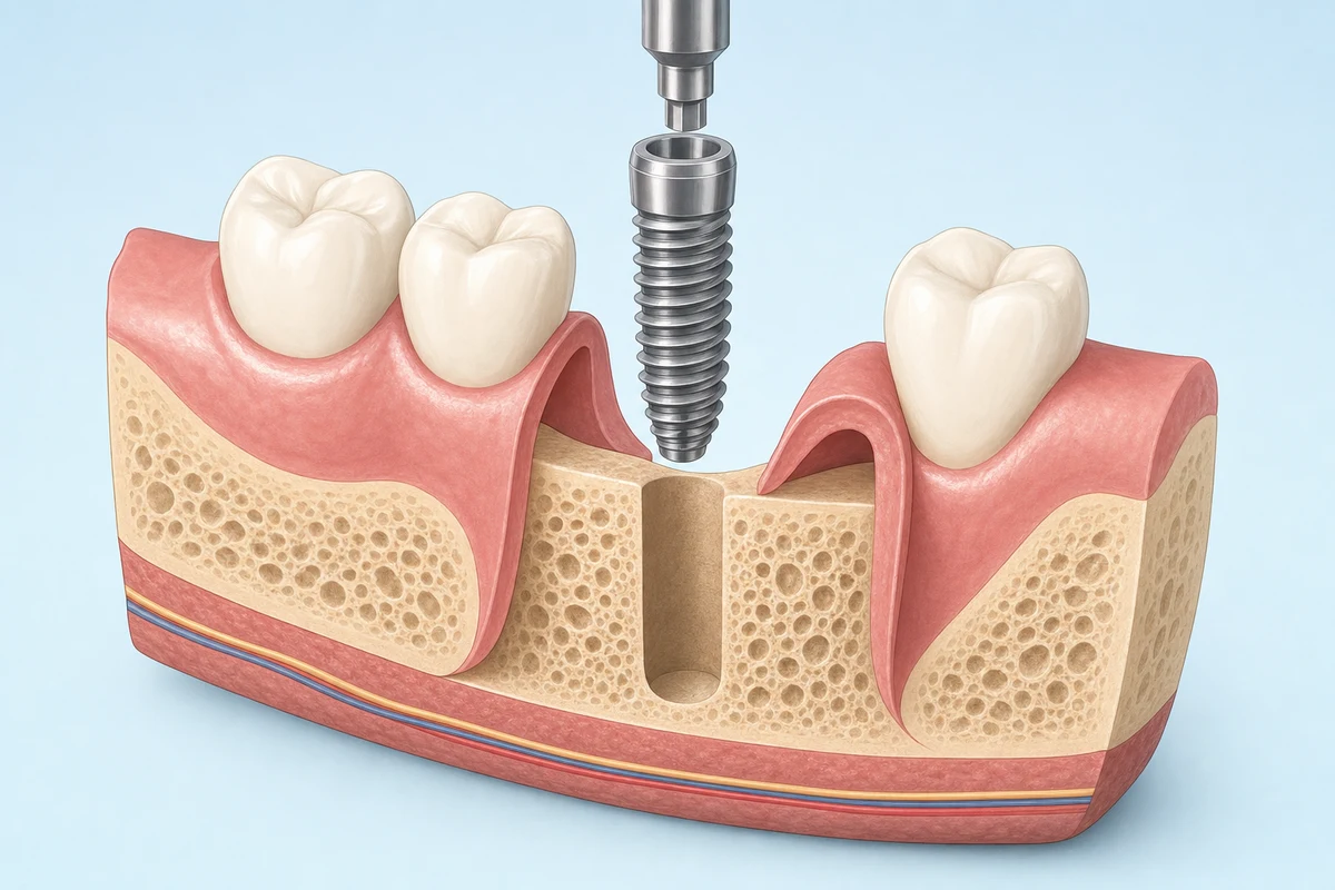 Titanium implant being placed into prepared bone channel in jaw model
