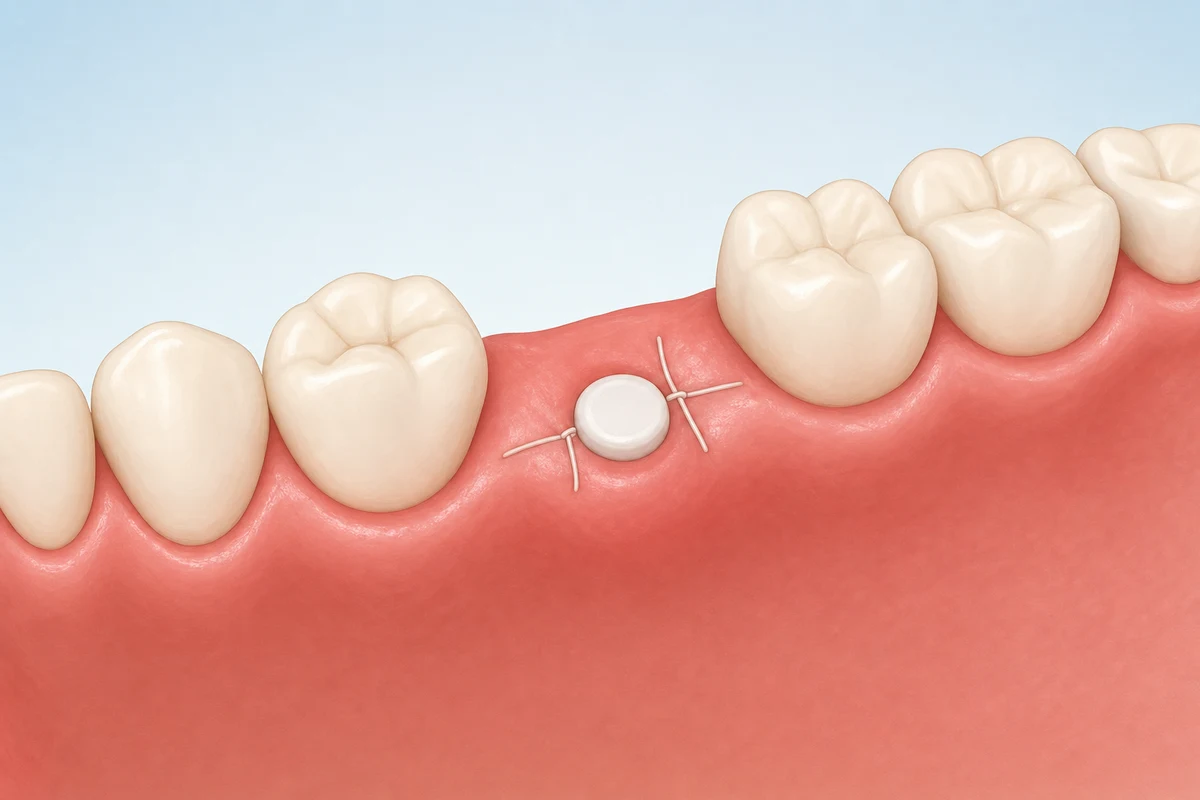 Jaw model with healing cap and dissolvable stitches at implant site