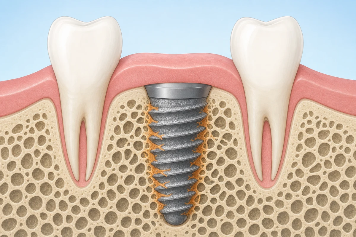 Bone cells growing around a titanium implant surface during osseointegration