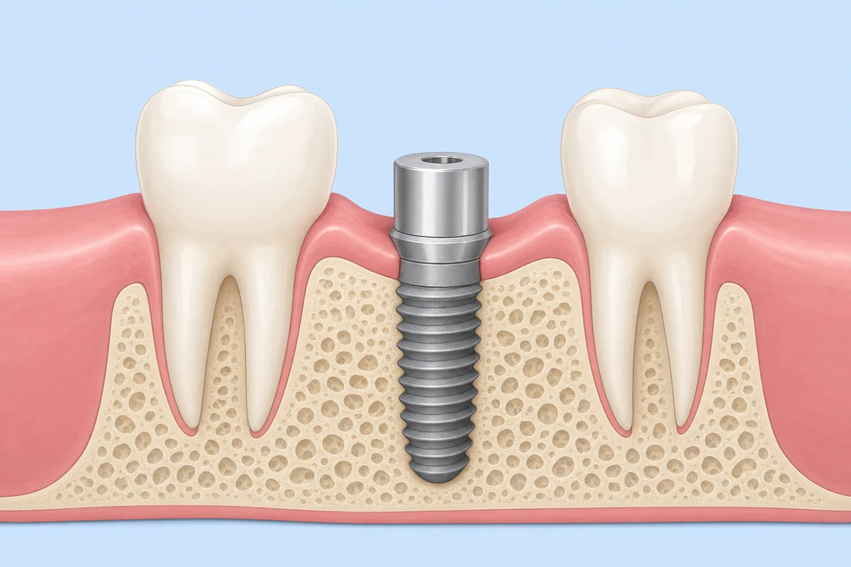 Healing abutment attached to integrated implant emerging through gum tissue