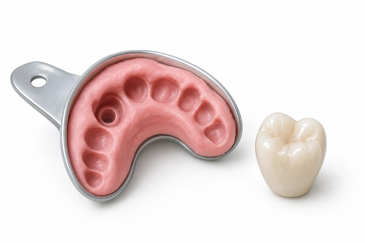 Dental impression tray capturing implant site alongside a fabricated porcelain crown
