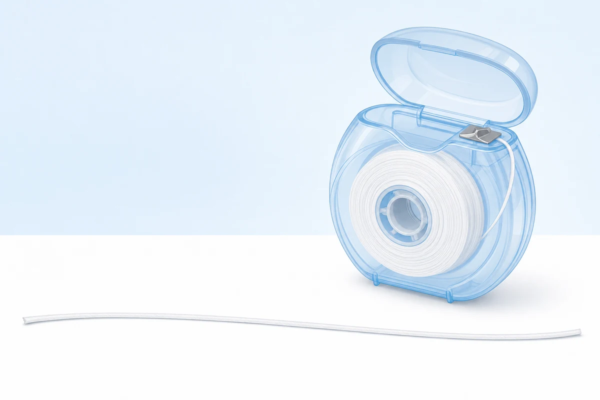 A measured length of dental floss next to a floss dispenser