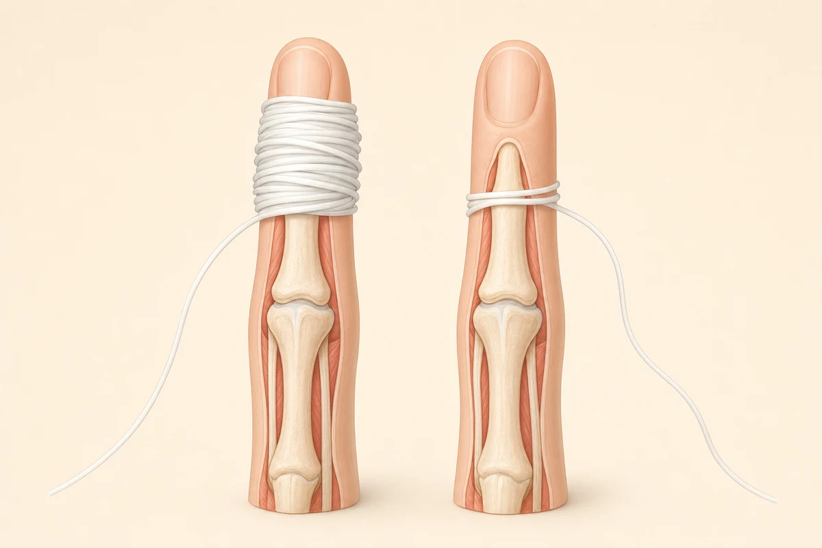 Dental floss wound in loops around two fingers of an anatomical hand model