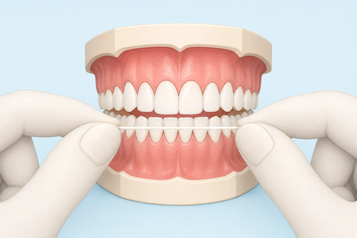 A short taut section of floss held between two pairs of fingers