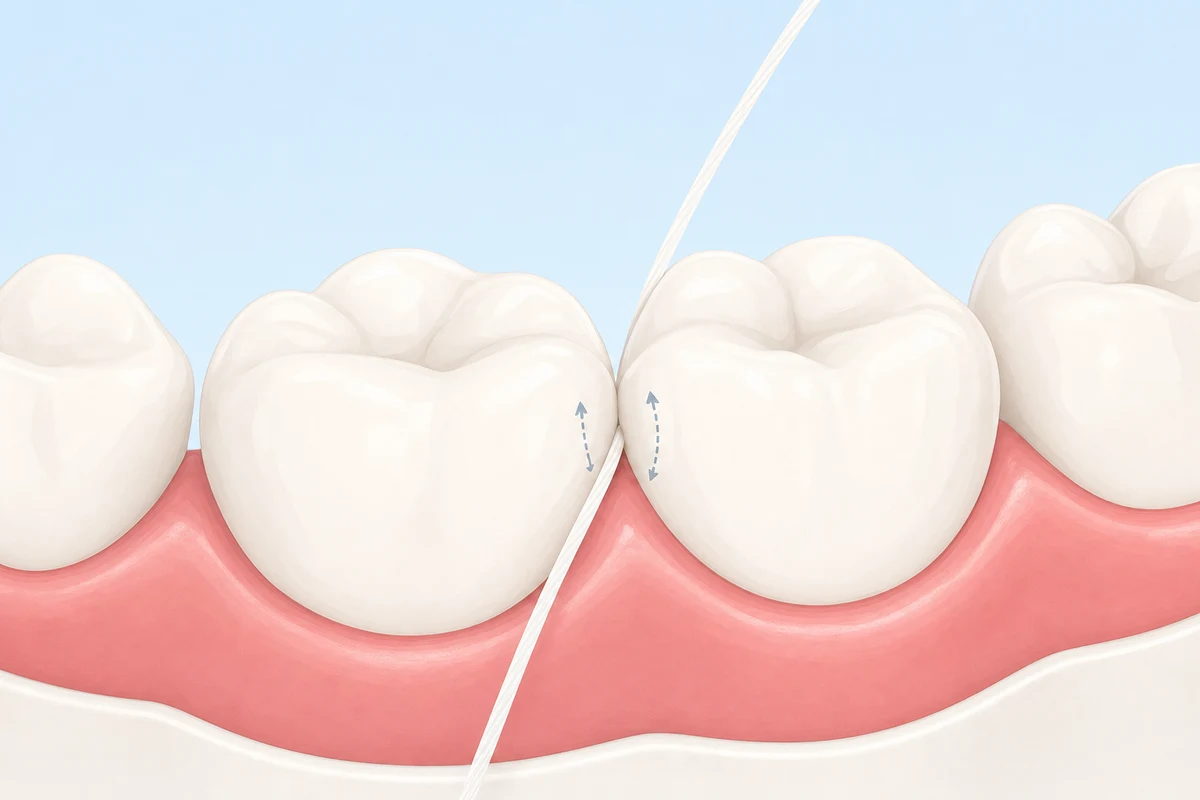 Dental floss guided gently into the gap between two teeth on a dental model