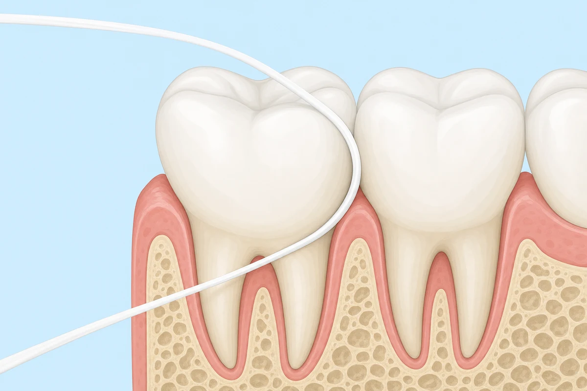 Floss curved in a C shape hugging the side of a tooth on a dental model