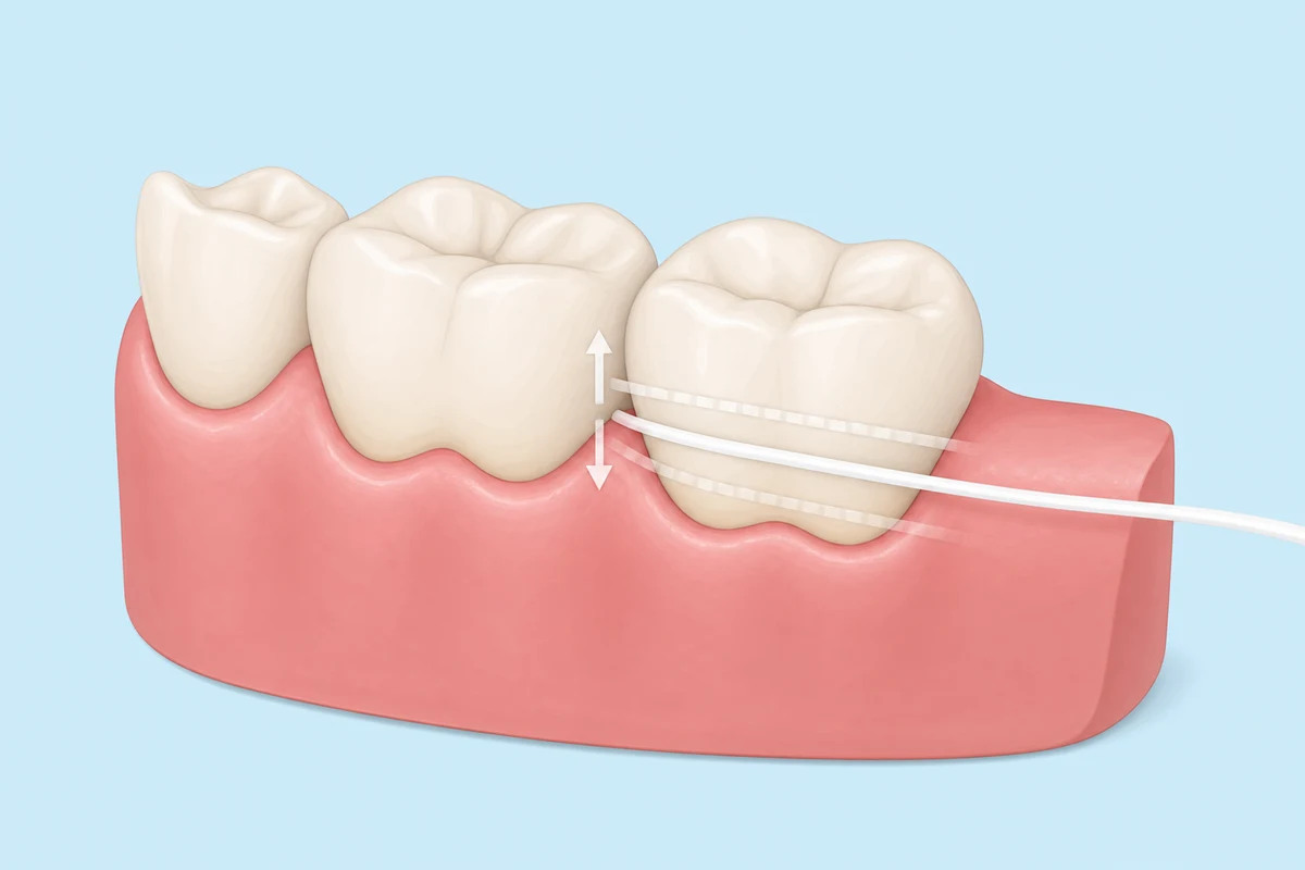 Floss moving up and down along the tooth surface just below the gumline