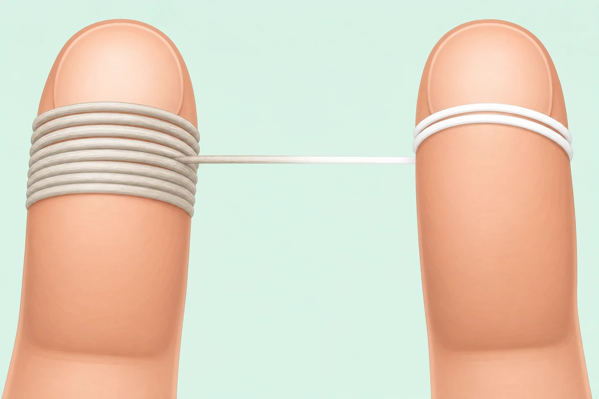 Used floss being wound onto one finger while fresh floss unwinds from the other